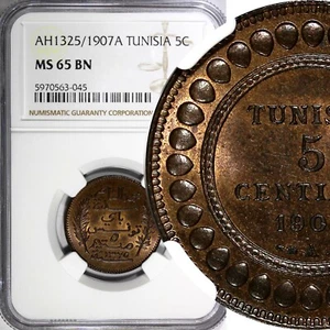 Tunisia Bronze AH1325//1907 A 5 Centimes NGC MS65 BN TOP GRADED KM# 235 (045) - Picture 1 of 4