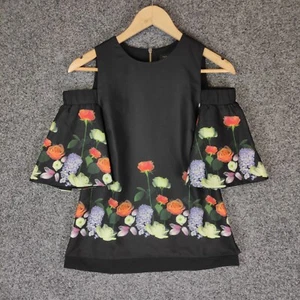 Ted Baker Womens Blouse Top Size 0 Black Floral Cold Shoulder Sleeve - Picture 1 of 9
