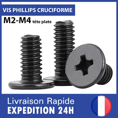 Vis M2 M2.5 M3 M4 Cruciforme Tête Plate (Phillips) En Acier Au Carbone Noir Lot • 3.95€