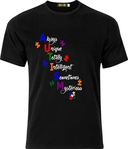 Always Unique Autism Full Colour D.T.F Black Cotton Funny T shirt - Picture 1 of 1