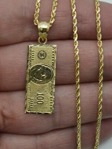 Real 10K Yellow Gold Diamond-Cut One Hundred Dollar Bill Pendant + Chain 16"-24" - Picture 1 of 10