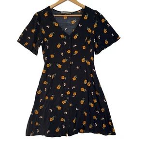 Princess Highway Dress Size 10 Black Floral Bees Short Sleeve Button Front - Foto 1 di 20