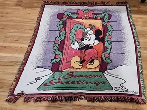 Vintage Leuchtfeuer Mickey Mouse Weihnachtsdecke Gobelin Webüberwurf Fransen 54x50 - Bild 1 von 6