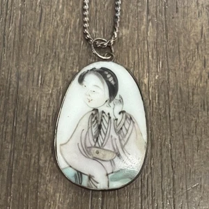 CHan Luu 925 STERLING SILVER VINTAGE ASIAN LADY POTTERY SHARD NECKLACE 22” - Picture 1 of 11