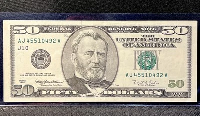 1996 $50 Dollar Bill, Federal Reserve NOTE AJ45510492A J10 /Double 5’s 1789 seal - Image 1 of 4
