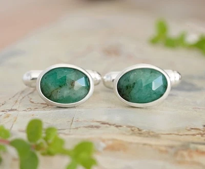 Abotoaduras de esmeralda natural 5 quilates em prata esterlina, abotoaduras ovais de pedra preciosa, novas em folha - Imagem 1 de 2