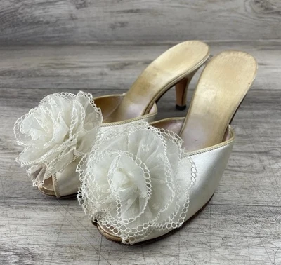 VINTAGE DANIEL GREEN IVORY SATIN POM POM HIGH HEEL BEDROOM SLIPPERS USA - Image 1 of 4