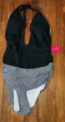 Jess Lea One Piece Bathing Suit Halter Top Size 2XL Black White Stripes Padding - Image 1 of 4