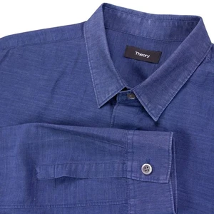 Theory Mens Large Long Sleeve Button Up Shirt Blue Linen Cotton Blend - Picture 1 of 12