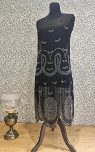 ANTIKES 20er JAHRE FLAPPER KLEID SCHWARZ CHIFFON SILBER PERLEN ART DECO GUTER ZUSTAND - Bild 1 von 15