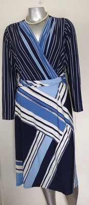 NUEVO CON ETIQUETAS VESTIDO A RAYAS LONDON TIMES Talla 16W Cintura Torsión Lateral Manga Larga Cuello en V Cremallera Foto 1 de 4