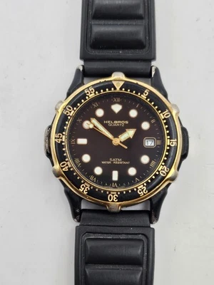 Vintage Helbros Watch Mens 40mm Black Dial Date 84504 Rubber Band New Battery - Image 1 of 4