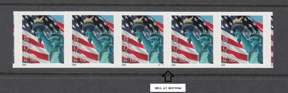 USA PNC SC#3968 FLAG & LIBERTY (39c.) SELF ADHESIVE NH PL# V1111 BELL AT BOTTOM - Image 1 of 1