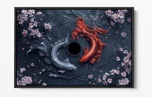 JAPANESE BLACK AND RED KOI FISH -FLOAT EFFECT FRAMED CANVAS WALL ART PRINT - Picture 1 of 12