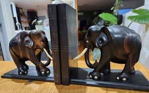 PAIR OF ANTIQUE CARVED EBONY ELEPHANT BOOKENDS. EC - Picture 1 of 19