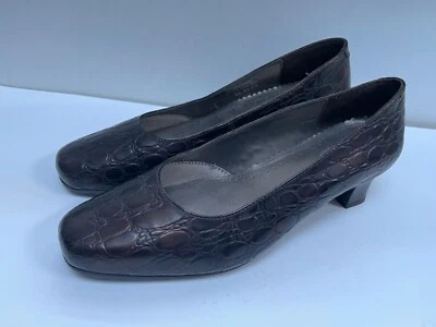 HOTTER Brown Court Shoes UK 4.5 EE ENCANT Leather Moc Croc Ladies Slip On Heeled - Image 1 of 4