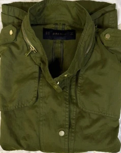 Zara Basic Ladies XL Green Military Jacket Snap Front Pockets Faux Hood Zip - Picture 1 of 12