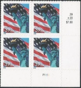Plate Block of 4 stamps - Scott 3978 - 39 cent - Flag & Liberty - 2006 - MNH - Picture 1 of 1