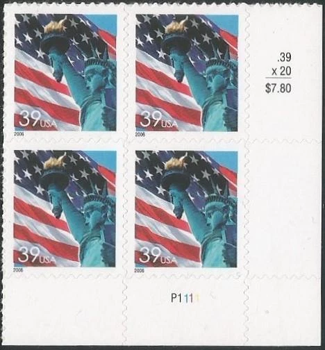 Plate Block of 4 stamps - Scott 3978 - 39 cent - Flag & Liberty - 2006 - MNH - Image 1 of 1