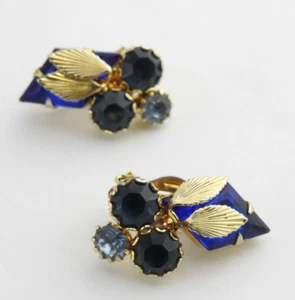 Vintage Nachlass Kobalt Marineblau Glas Strass Ohrringe Clip On Goldfarben - Bild 1 von 10