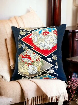 18" Glittering Japanese Kimono Obi Pillow Cover Handmade/Black/Flower   289 - Image 1 of 4