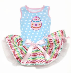 Easter Egg Blue White Dot Rainbow Chevron Pink Bow Skirt Pet Dog Dress Outfit - Picture 1 of 1
