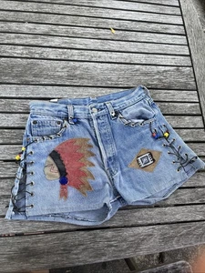 Vintage Xs Levi’s Redone Indian Chief Patch Beaded Festival Shorts Boho - Picture 1 of 18