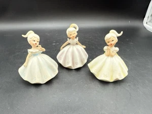 3er Set Vintage Lefton 737 Mädchen rosa gelb blau 4,5" LESEN - Bild 1 von 22