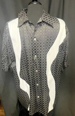 Vintage Mens XL Button Down Rockabilly Retro Bowling Shirt Black And White Check - Image 1 of 4