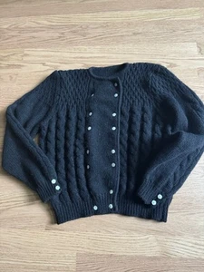 Windcrest Wool Cable Knit Cardigan Women’s Size Medium Black 100% Shetland VTG - Picture 1 of 6