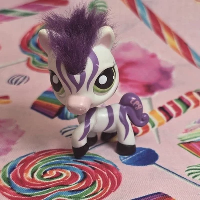 Littlest Pet Shop Authentic LPS #2470 Zebra Purple White Fuzzy Hair Green Eyes - Image 1 of 4