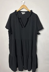 Abito donna marca Lucky 2x nero garza cotone scollo a V frange orlo a strati boho - Foto 1 di 11