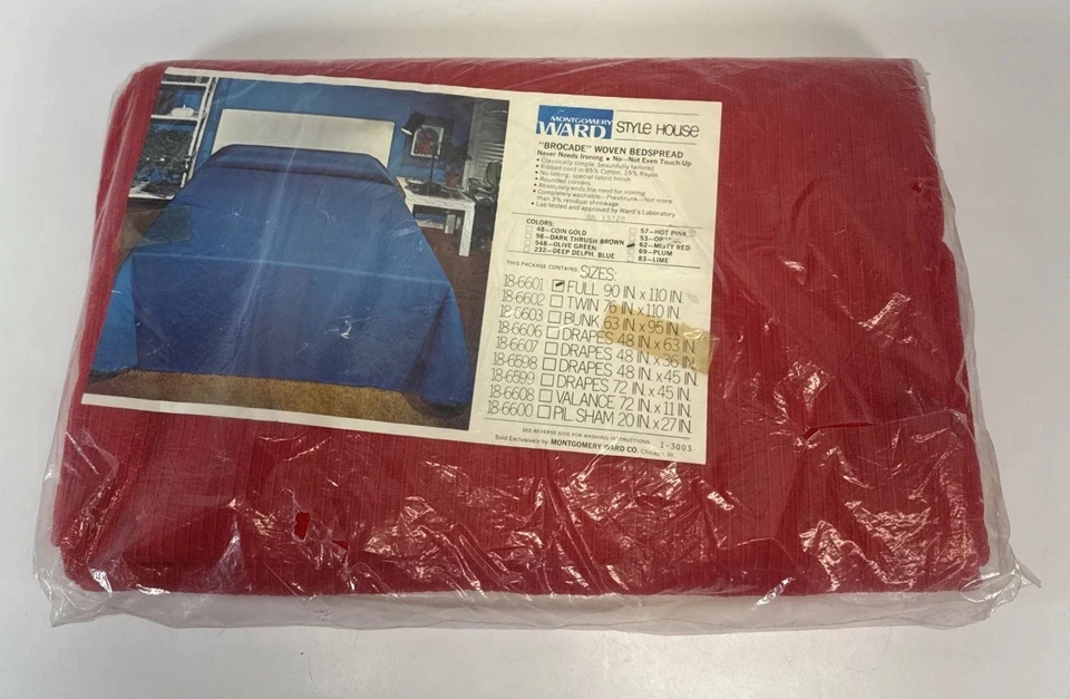 Vintage Montgomery Ward Brocade Woven Bedspread Full 90x110 Red NIP Style House - Image 1 of 4
