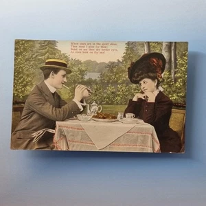 Sweetheart Postcard C1910 Afternoon Tea Straw Boater Demure - Picture 1 of 2