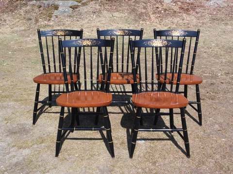 Vintage Set of 5 L. Hitchcock Floral Stenciled Windsor Dining Chairs Cover