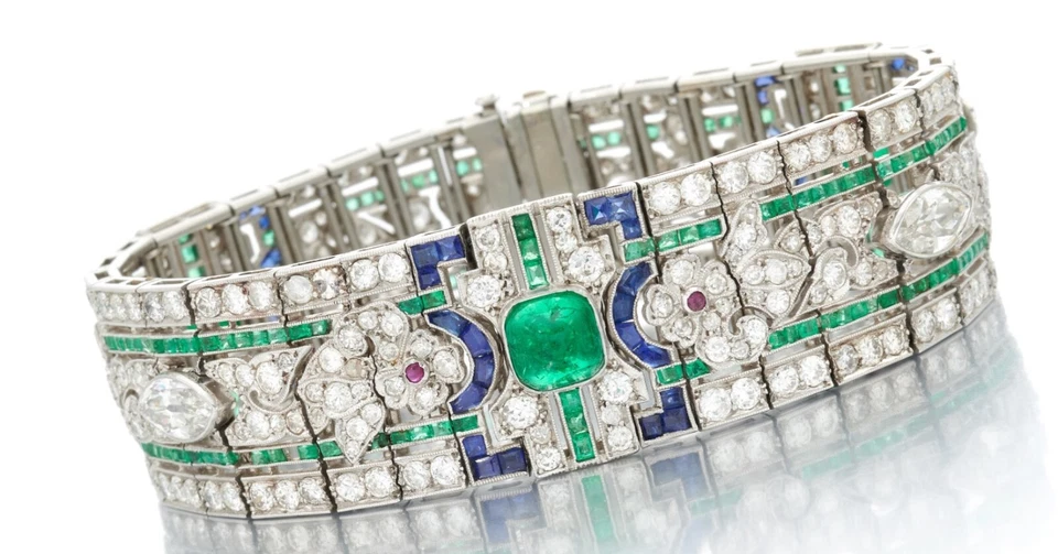 Brazalete de plata de ley 925 con diamantes de esmeralda, rubí, zafiro y circonita cúbica creado en laboratorio Foto 1 de 4