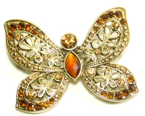 Vintage Amber Topaz Crystal Gold Tone Butterfly Brooch Pin - Picture 1 of 3