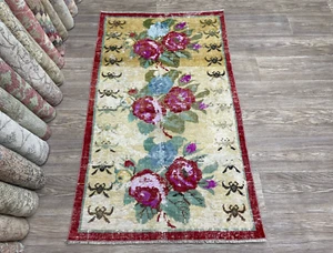 3x5 Floral Vintage Turkish Rug, Beige Red Anatolian Rug, Hand-Knotted Wool Rug - Picture 1 of 10