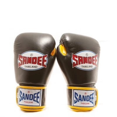 Sandee Authentic Leather Boxing Gloves - Black/Yellow Thai Boxing Gloves - Image 1 of 2