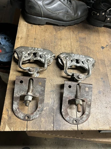 Original Myers Adjustable Sure Grip Stay On cast iron Barn Door Rollers Hangers Cover