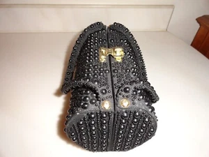 Vintage Black Beaded Evening Round Box Bag Purse w/ Top Handle Handbag Hard Side - Picture 1 of 10