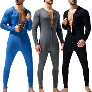 Pijama de manga larga de color liso monos para hombre con botones ajustado ropa para el hogar - Imagen 1 de 32