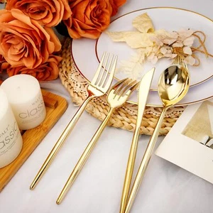 180 Pieces of Gold Disposable Plastic Silverware,Includes 60 Forks,Spoons,Knives - Picture 1 of 6