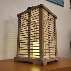 13" Rustic Wooden Louvered Lantern, Battery-Powered Candle, Hanging Bead Strand - Picture 1 of 14