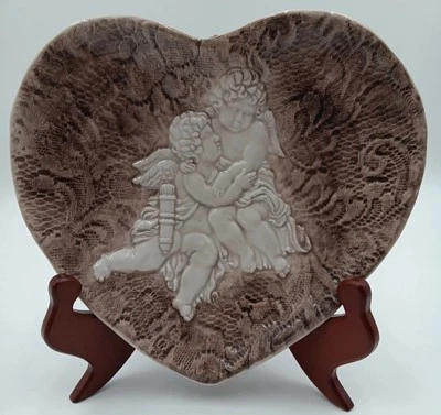 Vintage Heart Shaped Ceramic Brown White 3D Plate With Angel Cherubs Lace Italy - Image 1 of 4