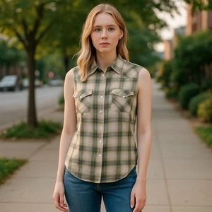 Wrangler Womens Western Collard Pearl Snap Shirt Size L Green Pink Plaid Pockets - Picture 1 of 12