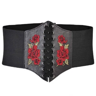 Plus Rose Embroidery Corset Belt 1X 2X Stretchy Goth Fairycore Ren Faire Cosplay - Image 1 of 3
