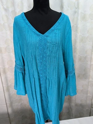 Avenue Women's 18/20 V-Neck Boho Peasant Tunic Top Blouse Lace Accent Teal - Image 1 of 4