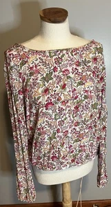 Loft Size L Long Sleeves Floral Print V Cut Back Elastic Hem Shirt Cottagecore   - Picture 1 of 7