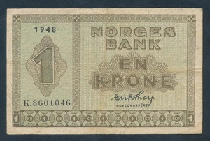 Norway: 1948 1 Krone Signature Thorp "Prefix K". Pick 15b CRISP VF - Bild 1 von 2